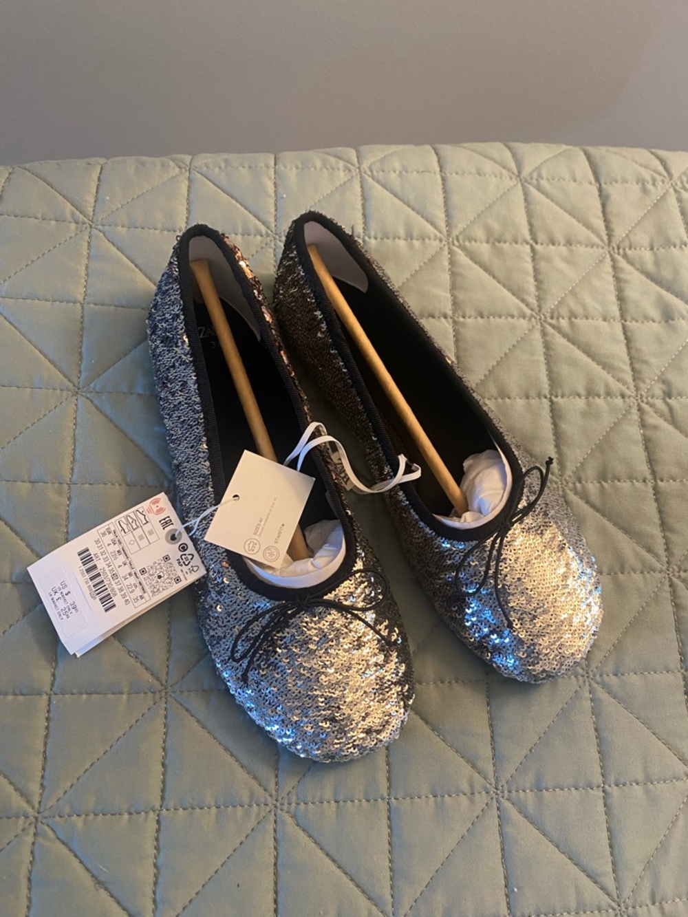 Zara Silver Sequin Ballet Flats with Black Trim and Bow
